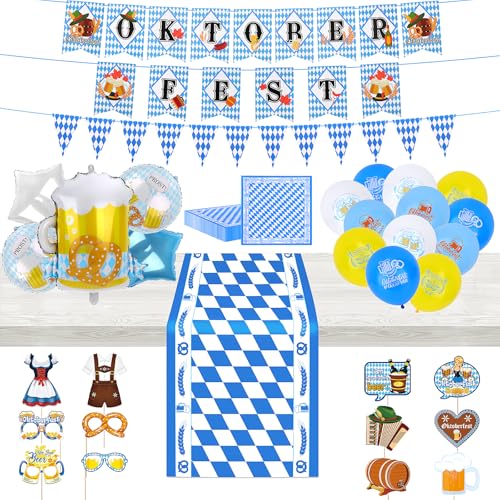 SelfTek Oktoberfest deko Set, Bayern Oktoberfest Girlande + Wimpel-kette + Tischläufer + 20 Servietten + 12 Bedruckte Latex-luftballons + 5 XXL Folienluftballons + 12 Foto-Requisiten-Set + Farbband von SelfTek