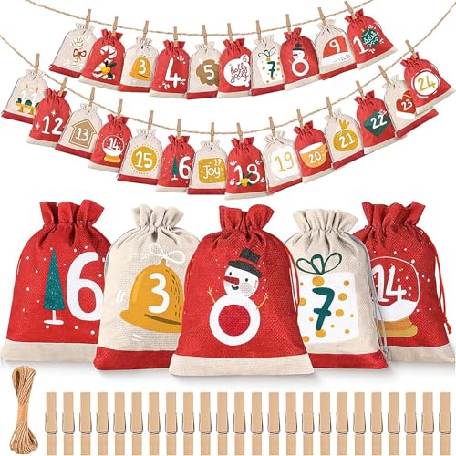 24 Stück Weihnachts-Adventskalender, 24-Tage-Weihnachtsgeschenktüten, Sackleinen-Advents-Countdown-Kalender Zum Aufhängen mit Zahlenanhängern aus Holz, DIY-Geschenktüten mit von Sempoda