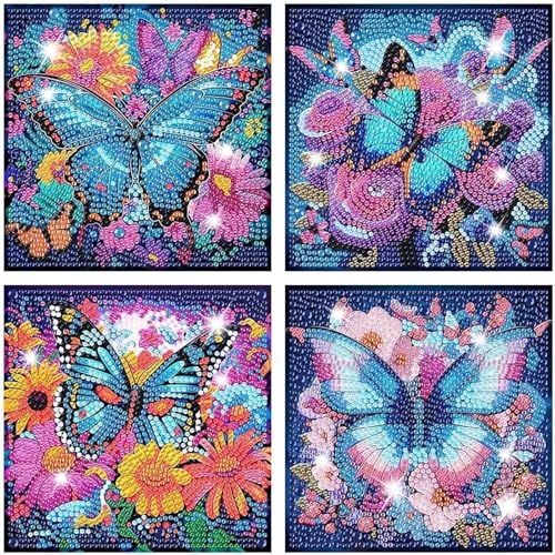 SenaiMy 4 Stück Diamond Painting, Diamond Painting Kinder Tiere, DIY 5D Diamant Malerei Bilder, Full Zubehör Glitzersteinchen Painting, Schmetterling Diamant Painting Bilder Crystal Art Craft Kits von SenaiMy