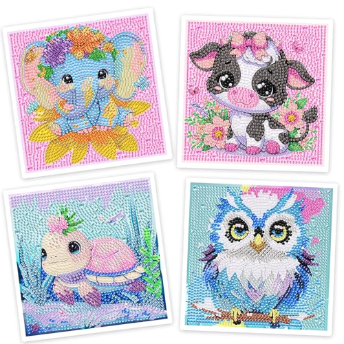 SenaiMy 4 Stück Diamant Painting Tiere, Diamond Painting Kinder, Full Diamant Painting Bilder, Diamond Painting Set, Diamant Painting Bilder Kinder für DIY Mosaikherstellung Basteln(Niedlich) von SenaiMy