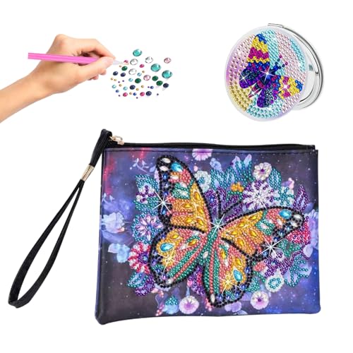 SenaiMy Diamond Art Painting Handbag Kosmetiktasche Diamant Painting Kinder Diamond Handtasche Diamond Painting Tasche Schmetterling Diamant Bilder Kinder mit Diamantspiegel für Geschenk Mädchen (A) von SenaiMy