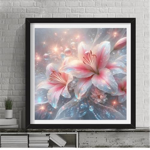 5D Diamant Painting Bilder Erwachsene Blume, Rosa Lilie Diamond Painting Set, DIY Rund Full Drill Diamond Art Kristall Strass Kreuzstich Stickerei Set für Wand Deko 40x40cm von Senbang