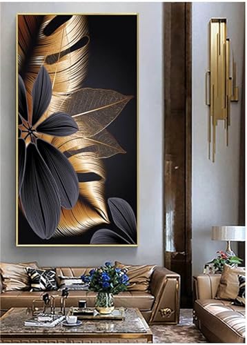 5D Diamond Painting Erwachsene, Goldene Schwarze Blätter Diamant Painting Bilder Groß, DIY Crystal Strass Stickerei Painting Kit für Kinder Anfänger für Home Büro Wall Dekoration Square Drill, 40x80cm von Senbang