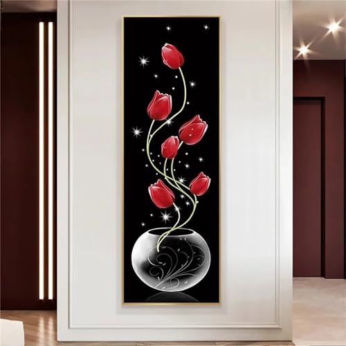 5D Diamond Painting Erwachsene, Rote Tulpenblumen Diamant Painting Bilder Groß, DIY Crystal Strass Stickerei Painting Kit für Kinder Anfänger für Home Büro Wall Dekoration Square Drill, 50x100cm von Senbang