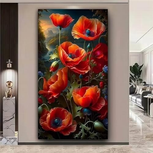 5D Diamond Painting Erwachsene Kits, Rote Mohnblumen DIY Diamant Painting Bilder Groß, Full Drill Malen Nach Zahlen Cross Stickerei Malerei Kits für Kinder für Home Wand Décor 40x80cm von Senbang