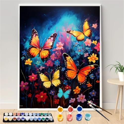 Malen Nach Zahlen Erwachsene Schmetterlingsblumen, DIY Handgemalt Ölgemälde Kit für Anfänger und Erwachsene mit 3 Pinsel und Acrylfarben für Geschenke und Maldekorationen - 45x60cm (DIY Rahmen) von Senbang