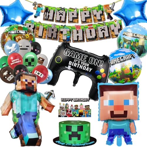 Deko Geburtstag Junge Miner Gamer Geburtstagsdeko Jungen Kindergeburtstag Deko Happy Birthday Deko mit Happy Birthday Girlande, Cake Topper und Folienballon von Sencangxun