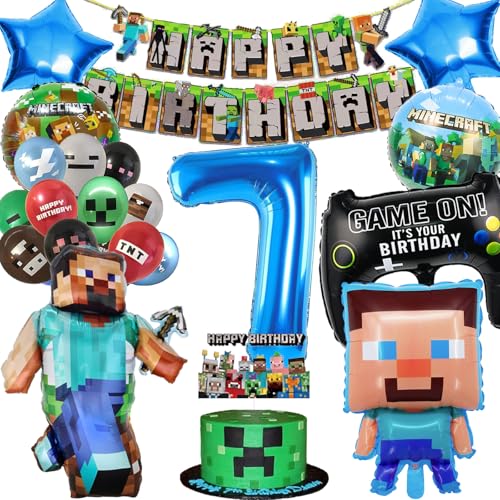 Geburtstagsdeko Jungen 7 Jahre Miner Gamer Deko Geburtstag Junge Kindergeburtstag deko Jungen Birthday Decorations mit Happy Birthday Girlande, Cake Topper und Folienballon Geschenk Junge 7 Jahre von Sencangxun