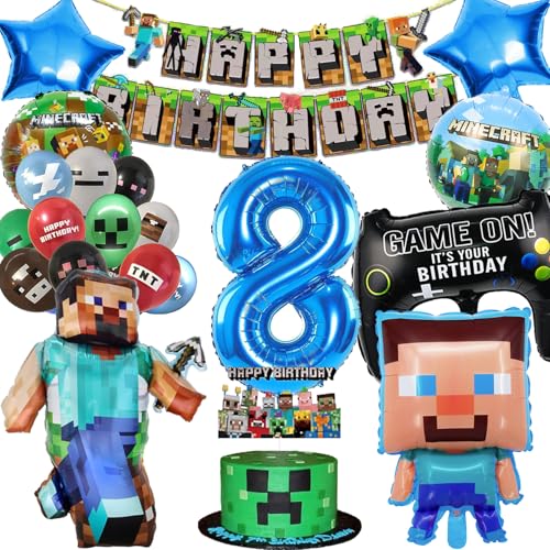 Geburtstagsdeko Jungen Miner Gamer Deko Geburtstag Junge 8 Jahre Kindergeburtstag deko Geschenk Junge 8 Jahre Birthday Decorations mit Happy Birthday Girlande, Cake Topper und Folienballon von Sencangxun