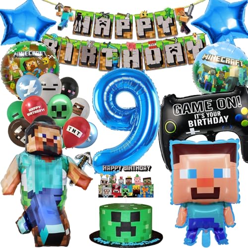 Geburtstagsdeko Jungen Miner Gamer Geburtstag Deko Junge 9 Jahre Kindergeburtstag deko Geschenk Junge 9 Jahre Birthday Decorations mit Happy Birthday Girlande, Cake Topper und Folienballon von Sencangxun