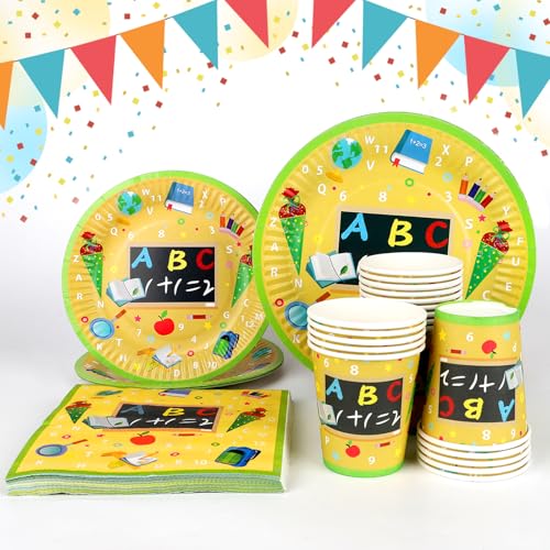 80 Teile Schulanfang Einschulung Party Deko Set - 20 Gäste Einschulung Deko,Einschulung Schuleinführung Schulanfang Deko Set,mit Pappteller, Becher,Servietten,Schuleinführung Partygeschirr für Mädche von Senchinner