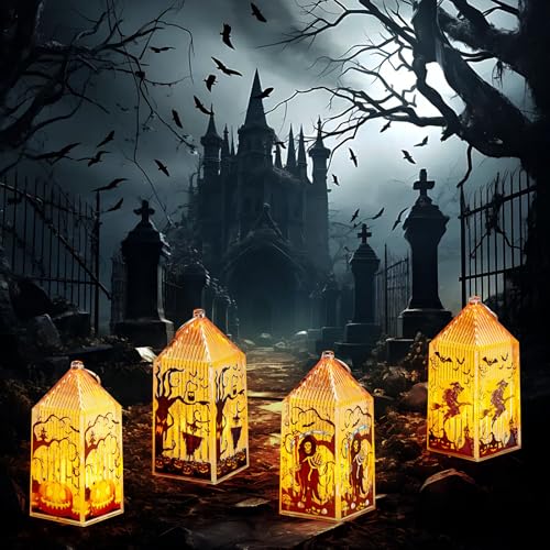 Halloween Deko Kerzenlaterne LED, 4 Stück Deko Licht für Halloween, Batteriebetriebene Laterne mit warmem Licht, Perfekte Tischdeko für Indoor & Outdoor, Garten, Party & Halloween Feiern von Senchinner