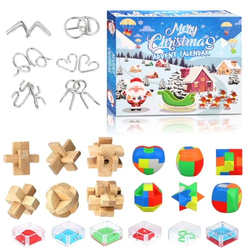 Knobelspiele Adventskalender 2024 – 24 spannende Rätsel für Kinder & Erwachsene – Interaktive Geschenkideen mit Holz- und Metallpuzzles – Idealer Knobel Adventskalender für die Vorweihnachtszeit von Senchinner