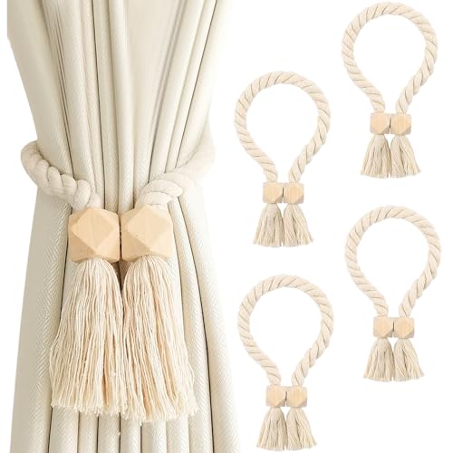 Senchinner 4 Stück Magnetische Vorhang Raffhalter, Gardinenhalter aus Holz Boho-Stil, Vorhanghalter mit Baumwollseil, Gardinenraffer für Home & Büro, Dekorative Raffhalter für Vorhänge,beige von Senchinner