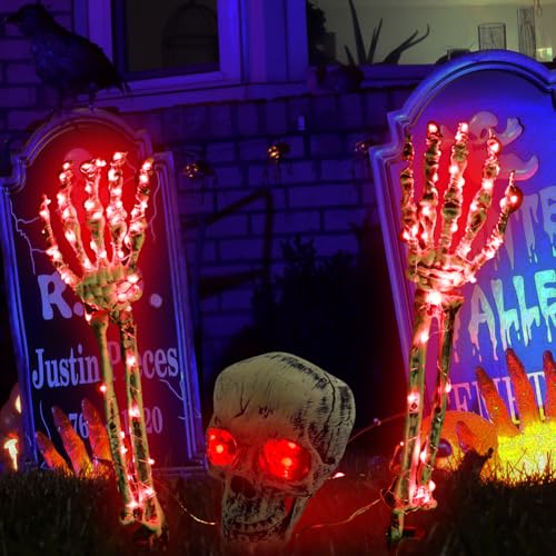 Senchinner Halloween Deko Outdoor Skeleton Stakes – 1 Gruseliger Schädelkopf & 2 Skeletthände mit 4 LED-Lichterketten (Grün & Rot, 3 Modi) für Atemberaubende Halloween Dekoration im Garten, Rot von Senchinner