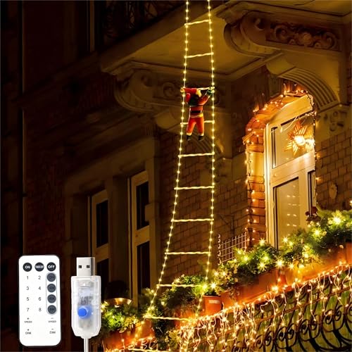 Senchinner LED Weihnachtsmann Leiter Lichterkette - 1,7 Meter lange warmweiße Weihnachtsbeleuchtung mit 310 LEDs, 8 Modi, Fernbedienung, wasserdicht und Timer-Funktion für Innen- und Außenbereich von Senchinner