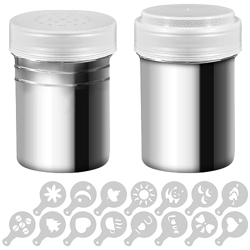 2 Stck Edelstahl Dredges und pulverförmiger Shaker mit 16 Stck Druckformen Schablonen, SENHAI Salz Pfeffer Kaffee Kakao Zimtkraft Kann mit Loch oder feinmaschigem Deckel für das Kochen in der Küche von Senhai