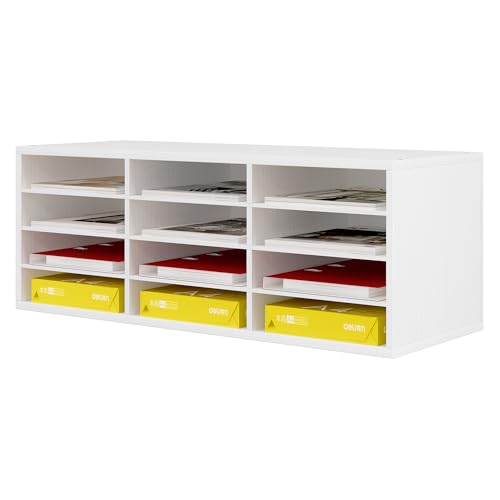 Senhoglb 12 Fächer Schreibtisch Ablagefächer Holz, Aktenablage A4 stapelbar,Schreibtisch Organizer, Büro Ablagefächer, Halten Sie Ihren Desktop Sauber, Weiß von Senhoglb