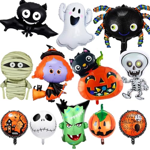 12 Stück übergroße Halloween-Ballons, Halloween-Folienballons, Halloween-Party-Dekorationen für Kinder, Spinne, Fledermaus, Geist, Hexe, Kürbis, Helium-Ballon von Senidea