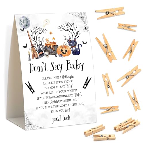 Babyparty-Spiele – Halloween Don't Say Baby Wäscheklammer-Spiel, 1 Schild und 50 Mini-Wäscheklammern, Gender Reveal Game, A Baby is Brewing Halloween Babyparty-Dekorationszubehör (WH02) von Senkiiv