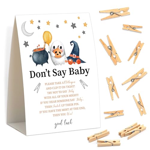 Babyparty-Spiele - Halloween Don't Say Baby Wäscheklammer-Spiel, 1 Schild und 50 Mini-Wäscheklammern, Gender Reveal Game, Ghost Baby Shower Dekoration Supplies (WH01) von Senkiiv