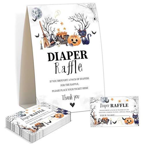 Babyparty-Spiele – Halloween-Windel-Verlosung, 1 Schild und 50 Windel-Tickets, Gender Reveal Game, A Baby is Brewing Halloween-Babyparty-Dekorationszubehör (RNB02) von Senkiiv