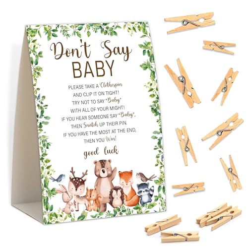 Babyparty-Spiele – Woodland Don't Say Baby Wäscheklammer-Spiel, 1 Schild und 50 Mini-Wäscheklammern, Gender Reveal Spiel, Tiere Wald Babyparty Dekoration Supplies (JZC02) von Senkiiv