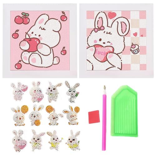 Diamond Painting Kinder Set,2 Stück DIY Diamond Painting Bilder Kinder Hase Holzrahmen,12 Stück Diamant Malerei Kaninchen Aufkleber,Geeignet für Erwachsene und Kinder Diamond Painting von Senteen