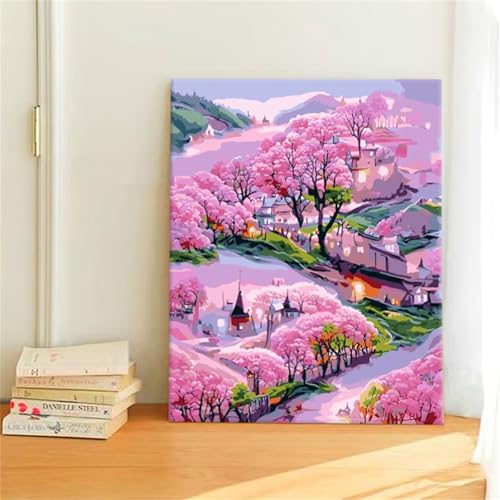 DIY Malen Nach Zahlen Erwachsene Baum Rosa Paint by Numbers Kit mit Rahmen,mit Pinseln und Acrylfarben Handgemalt Ölgemälde für Home Décor Geschenk - 55x70cm von Senyanr