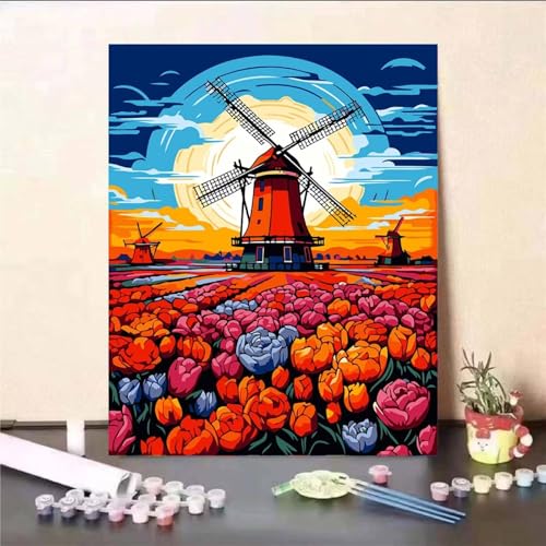 DIY Malen Nach Zahlen Erwachsene Blumen-Windmühle Paint by Numbers Kit mit Rahmen,mit Pinseln und Acrylfarben Handgemalt Ölgemälde für Home Décor Geschenk - 30x40cm von Senyanr