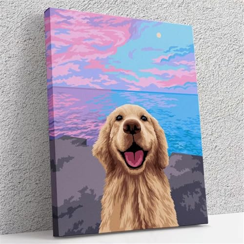 DIY Malen Nach Zahlen Erwachsene Hund mit Meerblick Paint by Numbers Kit mit Rahmen,mit Pinseln und Acrylfarben Handgemalt Ölgemälde für Home Décor Geschenk - 50x65cm von Senyanr