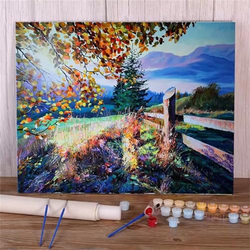 DIY Malen Nach Zahlen Erwachsene Landschaftszaun Paint by Numbers Kit mit Rahmen,mit Pinseln und Acrylfarben Handgemalt Ölgemälde für Home Décor Geschenk - 50x65cm von Senyanr