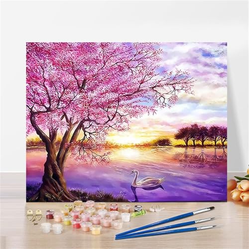 DIY Malen Nach Zahlen Erwachsene Rosa Baum Sonnenuntergang Paint by Numbers Kit mit Rahmen,mit Pinseln und Acrylfarben Handgemalt Ölgemälde für Home Décor Geschenk - 40x50cm von Senyanr