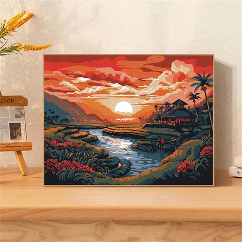 DIY Malen Nach Zahlen Erwachsene Sonnenaufgangsfluss Paint by Numbers Kit mit Rahmen,mit Pinseln und Acrylfarben Handgemalt Ölgemälde für Home Décor Geschenk - 60x75cm von Senyanr