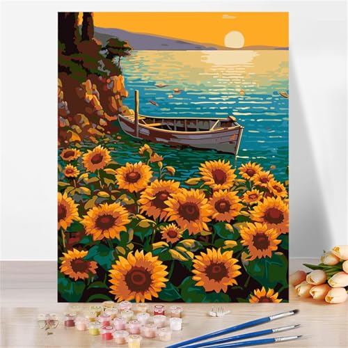 DIY Malen Nach Zahlen Erwachsene Sonnenblumenboot Paint by Numbers Kit mit Rahmen,mit Pinseln und Acrylfarben Handgemalt Ölgemälde für Home Décor Geschenk - 55x70cm von Senyanr