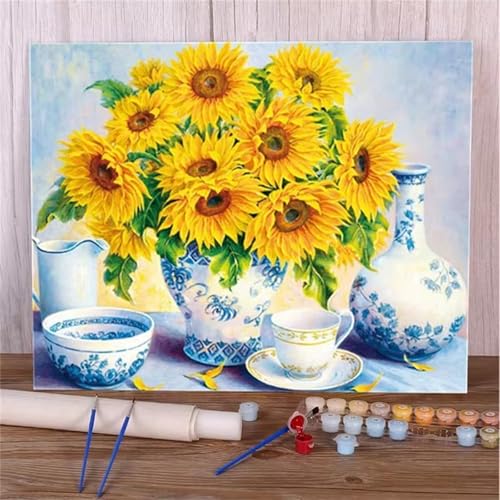 DIY Malen Nach Zahlen Erwachsene Sonnenblumenflasche Paint by Numbers Kit mit Rahmen,mit Pinseln und Acrylfarben Handgemalt Ölgemälde für Home Décor Geschenk - 30x40cm von Senyanr