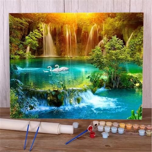 DIY Malen Nach Zahlen Erwachsene Sonnenuntergang Wasserfall Paint by Numbers Kit mit Rahmen,mit Pinseln und Acrylfarben Handgemalt Ölgemälde für Home Décor Geschenk - 60x75cm von Senyanr