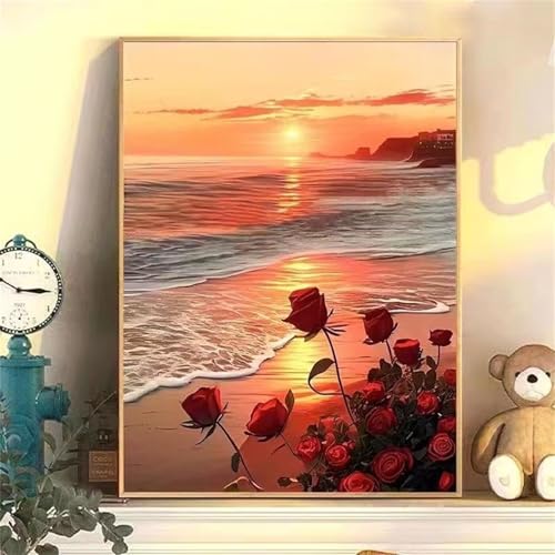 DIY Malen Nach Zahlen Erwachsene Sonnenuntergangsrosen Paint by Numbers Kit mit Rahmen,mit Pinseln und Acrylfarben Handgemalt Ölgemälde für Home Décor Geschenk - 55x70cm von Senyanr