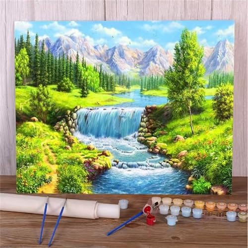 DIY Malen Nach Zahlen Erwachsene Wald-Fluss Paint by Numbers Kit mit Rahmen,mit Pinseln und Acrylfarben Handgemalt Ölgemälde für Home Décor Geschenk - 55x70cm von Senyanr