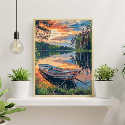 DIY Malen Nach Zahlen Set Flussboot,DIY Mit Rahmen Leinwand Handgemalt Ölgemälde,Landschaft Paint by Number for Adults,Mit Pinseln und Acryl-Pigment,für Home Decor - 60x75cm von Senyanr