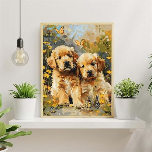 DIY Malen Nach Zahlen Set Süßer Hund,DIY Mit Rahmen Leinwand Handgemalt Ölgemälde,Blume Paint by Number for Adults,Mit Pinseln und Acryl-Pigment,für Home Decor - 45x60cm von Senyanr