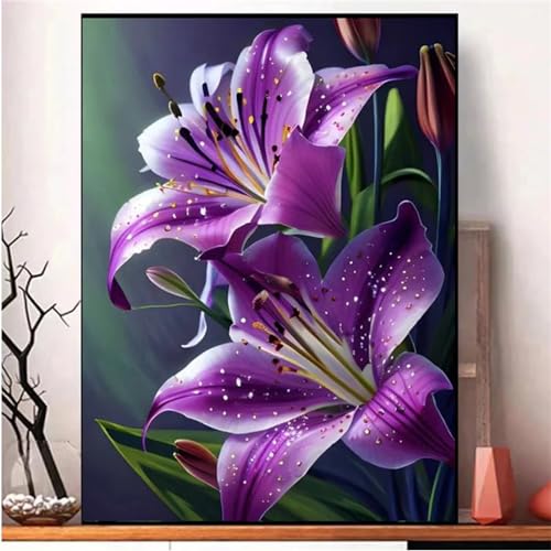 Lila Lilien Diamond Painting Set,5D DIY Diamond Painting Erwachsene,Full Round Drill Diamant Kunst Malerei Stickerei Set Kreuzstich Bilder Home Wand Dekor - 40x70cm von Senyanr