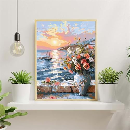 Malen Nach Zahlen Erwachsene,Sonnenuntergang Meer Paint by Numbers,DIY Blumen Handgemalt Ölgemälde Kit Mit Pinseln und Acryl-Pigment(Ohne Rahmen) für Home Decor - 60x75cm von Senyanr