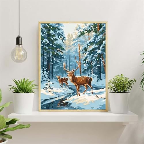 Malen Nach Zahlen Erwachsene,Winterwald Paint by Numbers,DIY Tier Hirsch Handgemalt Ölgemälde Kit Mit Pinseln und Acryl-Pigment(Ohne Rahmen) für Home Decor - 55x70cm von Senyanr