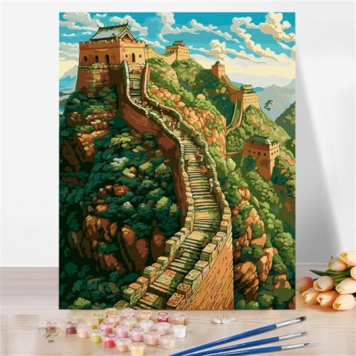 Malen Nach Zahlen für Erwachsene Chinesisches Mauerwerk,DIY Handgemalt Ölgemälde Leinwand Set,mit Pinseln und Acrylfarben Paint by Numbers Kits für Home Dekor Geschenk (Ohne Rahmen) 30x40cm von Senyanr