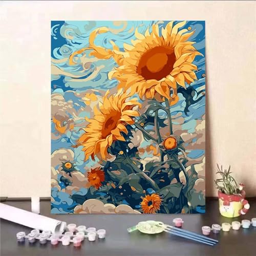 Malen Nach Zahlen für Erwachsene Sonnenblumenwolken,DIY Handgemalt Ölgemälde Leinwand Set,mit Pinseln und Acrylfarben Paint by Numbers Kits für Home Dekor Geschenk (Ohne Rahmen) 45x60cm von Senyanr