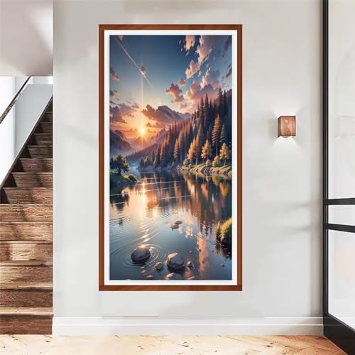 5D DIY Fluss Sonnenuntergang Diamant Painting Bilder Erwachsene,Full Rund Drill Diamond Painting Bastelset,Anfänger Strass Stickerei malen nach zahlen,für Home Büro Eingang Wand Dekor 25x50cm YG3081 von Sepeoha