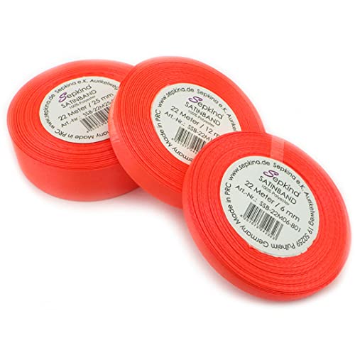 Sepkina Set 6 12 und 25 mm 3 Rollen Satinband Schleifenband Dekoband Band Bastelband Geschenkband Nähband Zierband Satin Neon Orange Neonorange von Sepkina