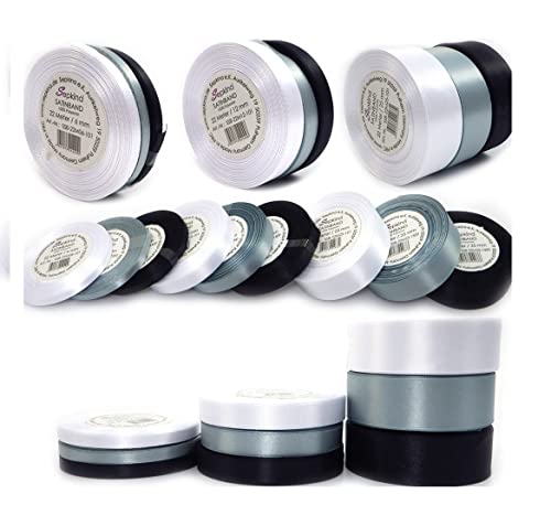 Set 3 Farben Satinband Schleifenband Dekoband Band Bastelband Geschenkband Nähband Zierband Schnee Weiss Silber Schwarz 6 12 25mm 0,11€/M (6 mm) von Sepkina