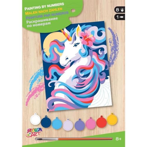 MAMMUT 8222002 - Malen nach Zahlen Junior Einhorn im Mondschein, Komplettset mit bedruckter Malvorlage im A4 Format, Einsteiger Set mit 8 Acrylfarben, Pinsel & Anleitung, Malset für Kinder ab 8 Jahre von Sequin Art